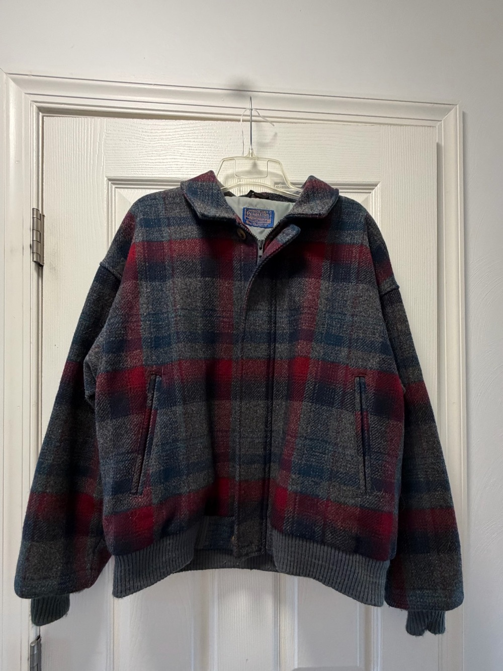 Vintage Pendleton Men's Plaid Bomber Jacket in Gray, Navy & Burgundy